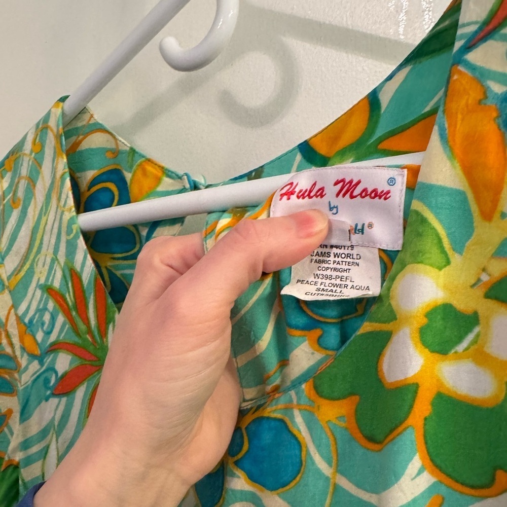 Vintage Hula Moon by Jams World Peace Flower Aqua Floral Hawaiian Dress Small - Picture 4 of 5
